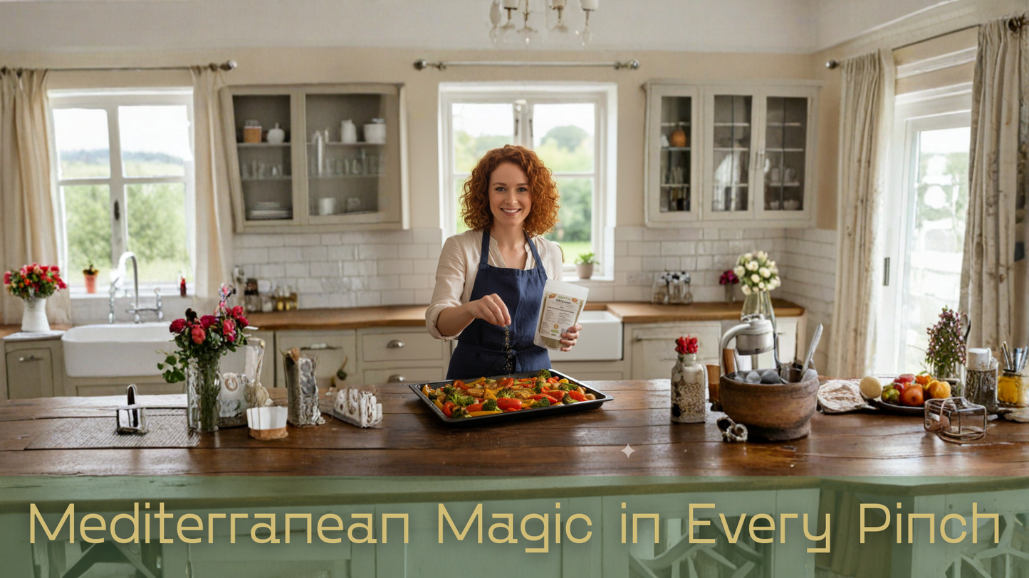 Woman in a kitchen preparing food with text 'Mediterranean Magic in Every Pinch'.