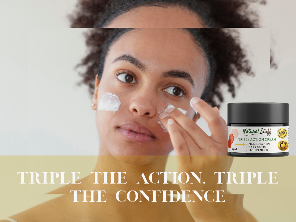 Woman applying cream to her face with a jar of Natural Stuff Skin Brightening cream to her face in the background