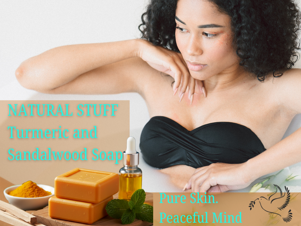 Woman applying oil to her arm with natural ingredients like turmeric, sandalwood, and a bottle of oil on a wooden surface.