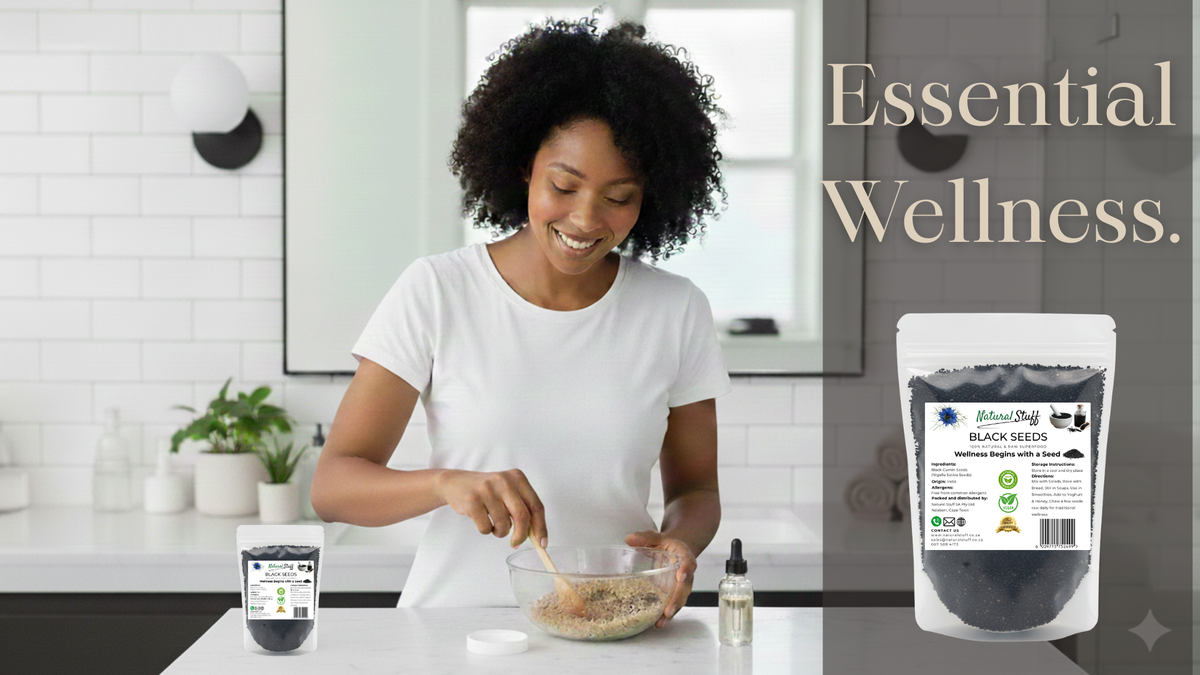 Woman in a kitchen preparing food with Black Seed products displayed.