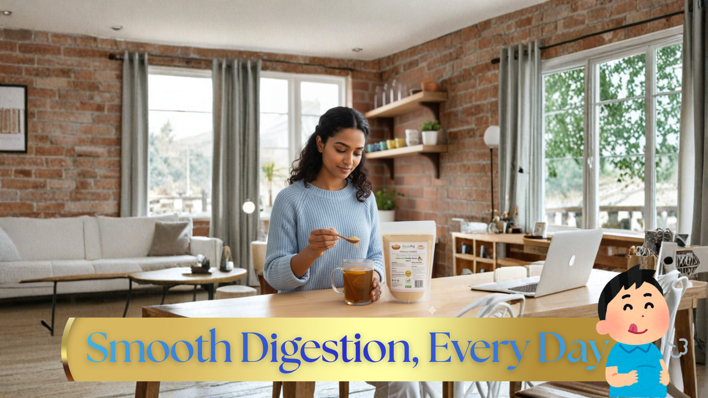 Woman eating from a bowl with a jar of powder in a modern living room, promoting smooth digestion.