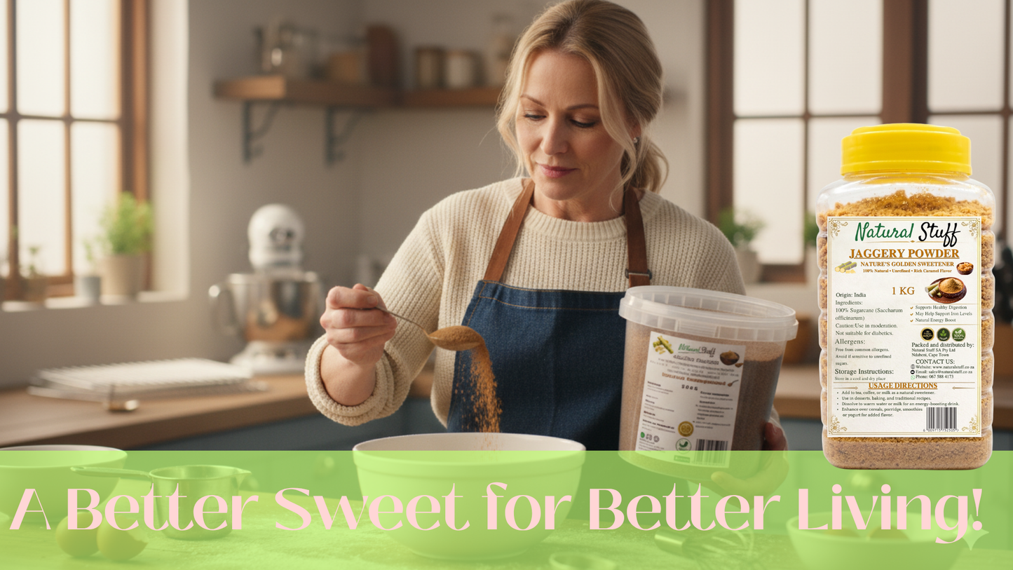 Woman in a kitchen preparing food with a container of 'Natural Stuff' product.