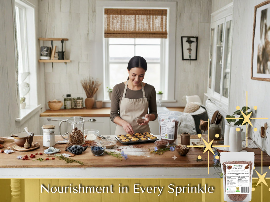 Woman in a kitchen preparing food with a product label on the counter.