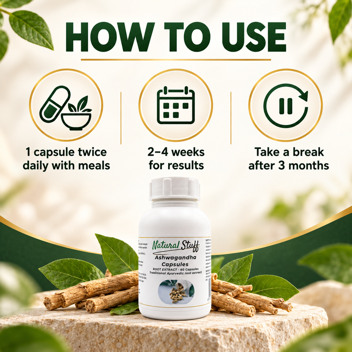 Natural Stuff Ashwagandha Root Capsules 450mg – Herbal Adaptogen Supplement