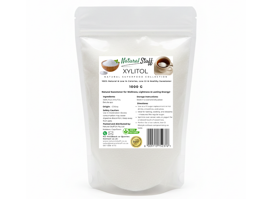 White packaging of Xylitol with a label on a white background