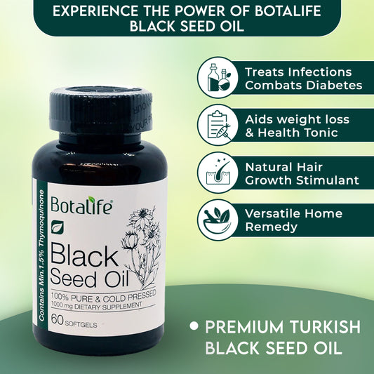 Botalife Premium Black Seed Oil 1000mg Capsules  -a minimum of 1.5% thymoquinone, delivering 3 times more potency than most other black seed oils.