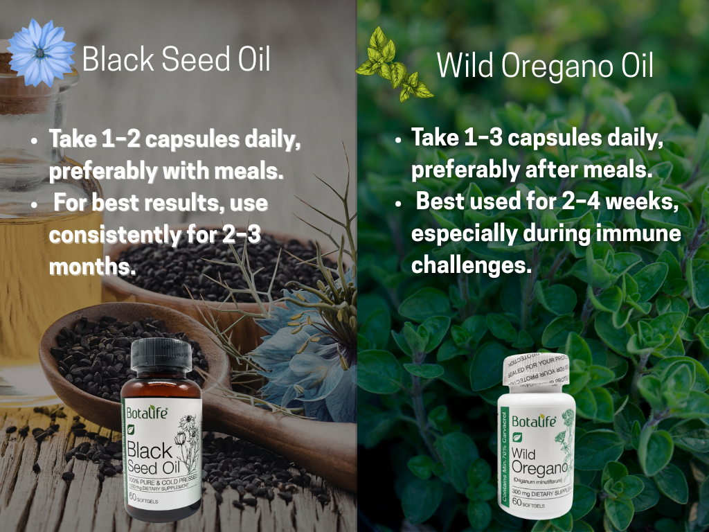 Two bottles of Botafio Black Seed Oil and Wild Oregano Oil with usage instructions on a blurred background.