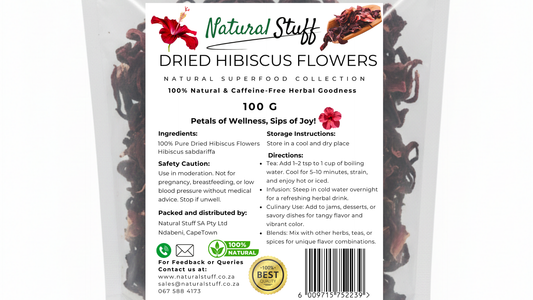 Package of Natural Stuff Dried Hibiscus Flowers with label and branding.