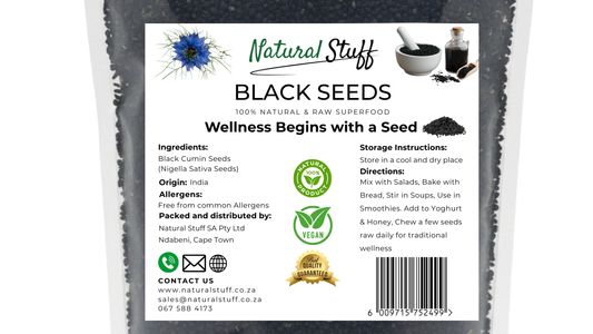 Black seeds packaging with a label on a white background