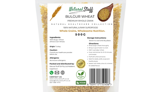 Package of Natural Stuff bulgur wheat with label on a white background
