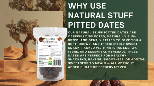 Packaging of natural pitted dates with desert landscape and text on a green background