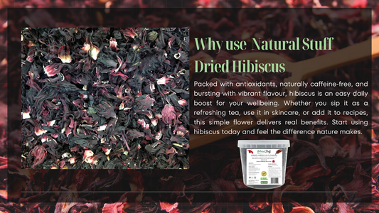 Dried hibiscus flowers with a product packaging on a dark background