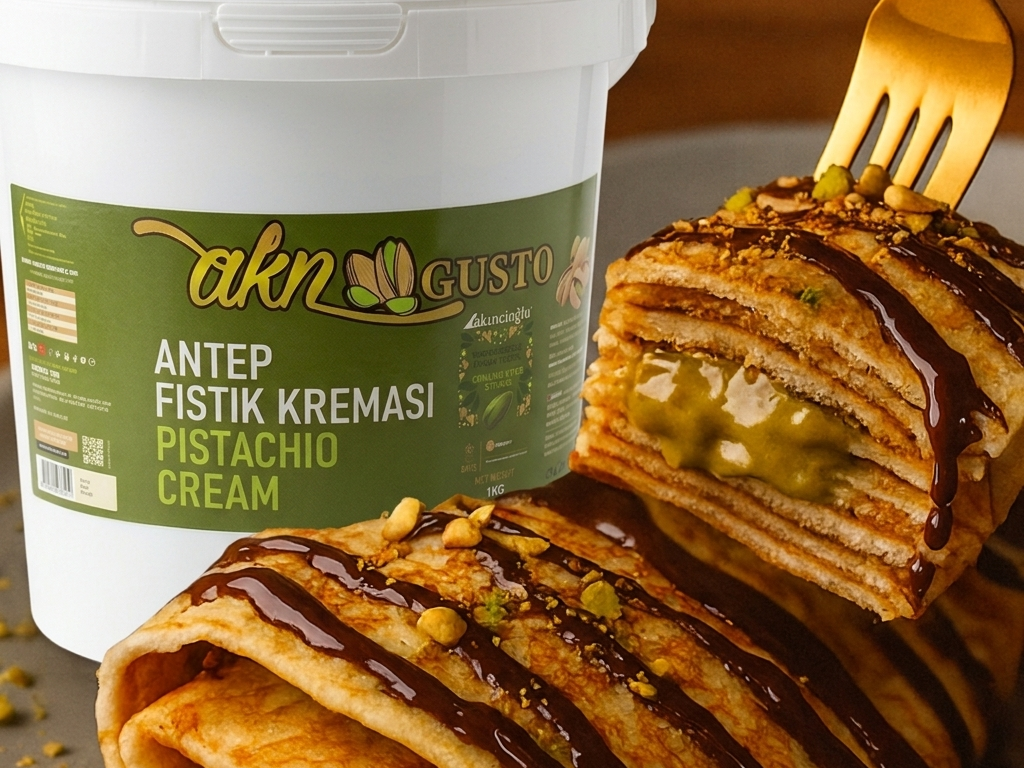 Pistachio cream dessert with a fork and a container labeled 'akn Gusto' on a wooden surface.