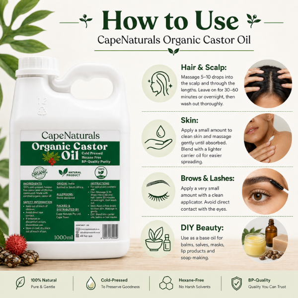 Cape Naturals Organic Castor Oil 1L – Pure, Cold-Pressed & Hexane-Free