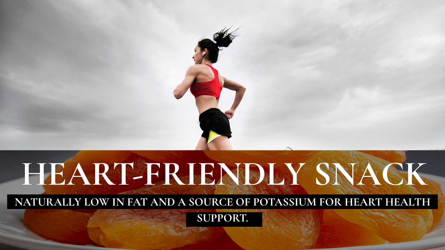 Woman running with a heart-friendly snack labeled 'oranges' on a cloudy sky background