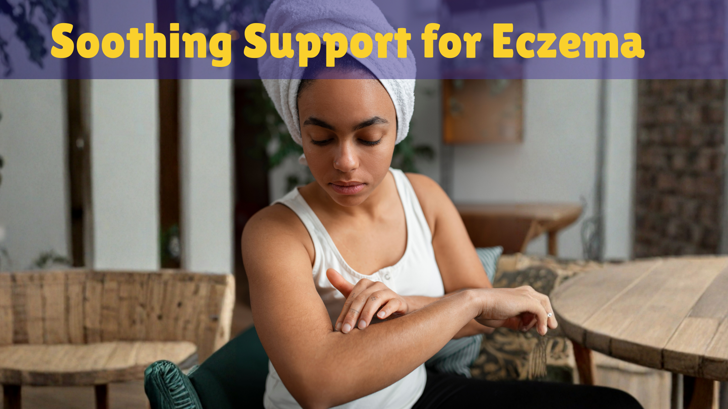 Woman with a headscarf touching her arm, with text 'Soothing Support for Eczema' on a blurred background