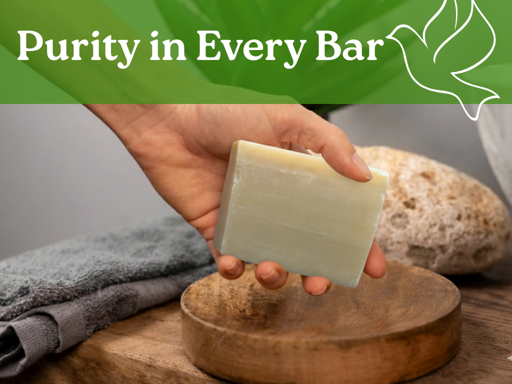 Hand holding a bar of soap with 'Purity in Every Bar' text and a dove logo.