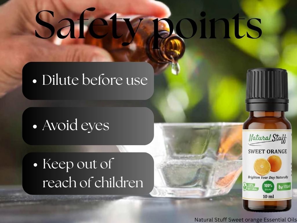 Essential oil bottle with safety instructions and a background of a person using the oil.