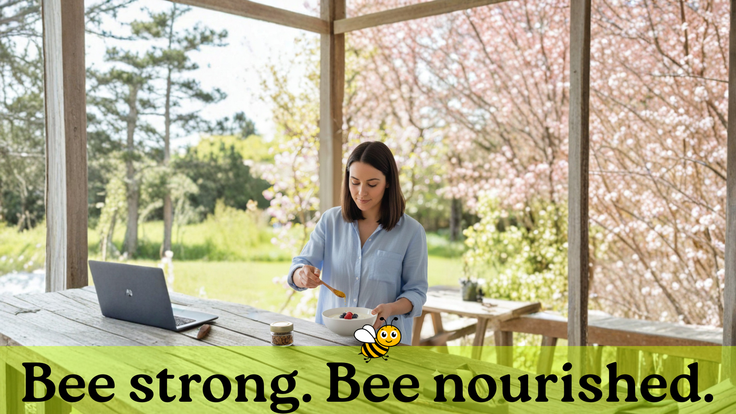 Woman working on a laptop with a bee graphic and text overlay in a bright outdoor setting.