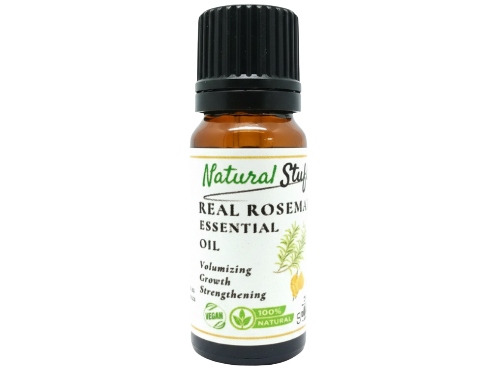 Bottle of Natural Styal Real Rosemary Essential Oil on a white background