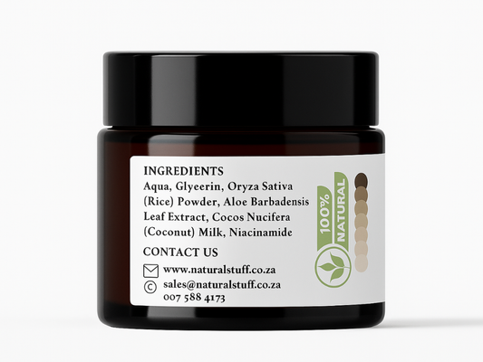 Jar with a label displaying ingredients and contact information on a white background