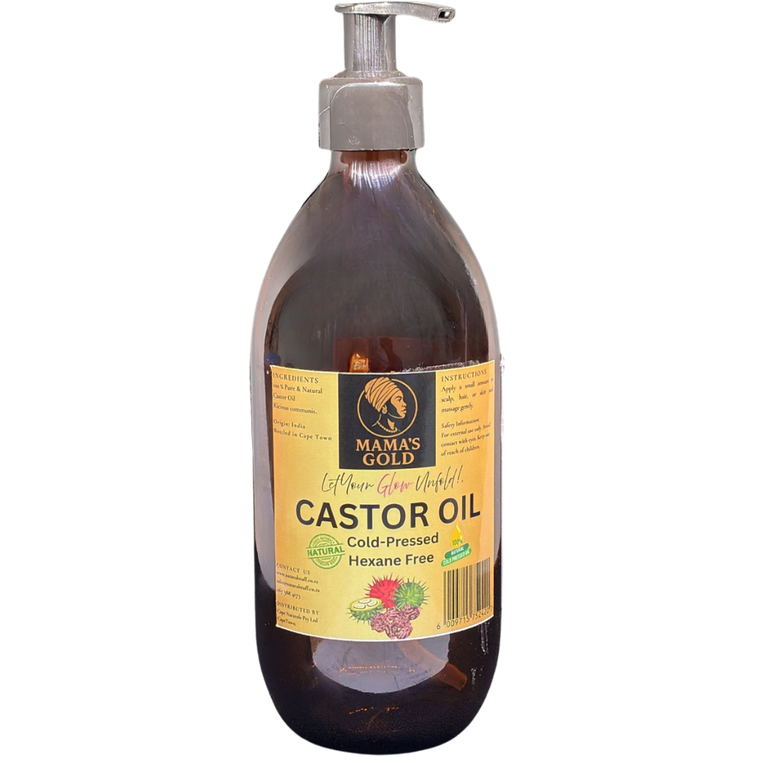 Bottle of Mama's Gold Castor Oil with pump on a white background