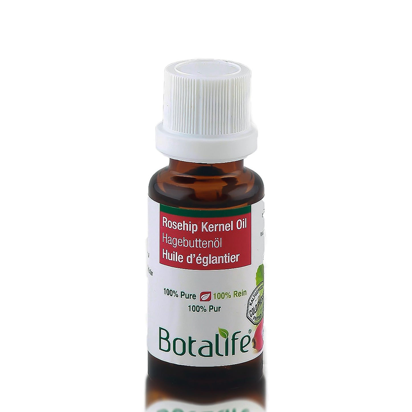 A 20ml bottle of Botalife Rosehip Kernel Oil with a white cap. The label indicates it is 100% pure, cold pressed, and intended for face, nails, hair, and skin.