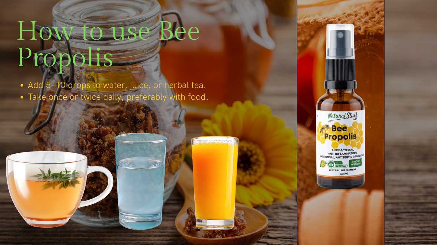 Bee propolis product with usage instructions and images of tea and juice.