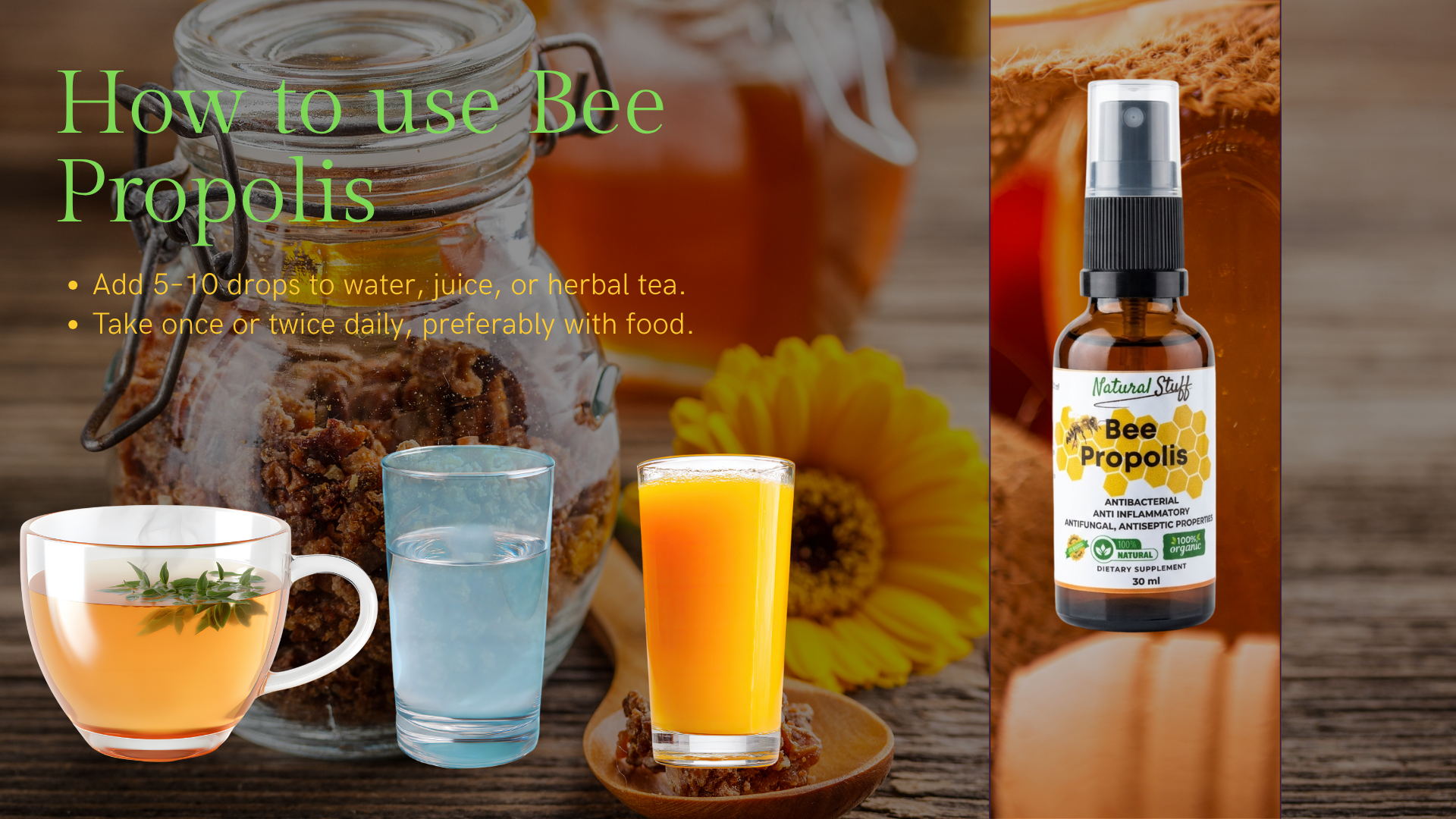 Bee propolis product with usage instructions and images of tea and juice.