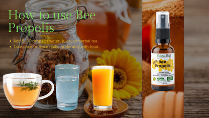 Bee propolis product with usage instructions and images of tea and juice.