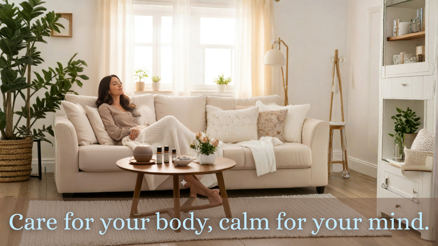 Woman relaxing on a couch in a cozy living room with text 'Care for your body, calm for your mind'.