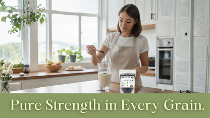 Woman in a kitchen preparing a drink with a container labeled 'Pure Strength in Every Grain'.