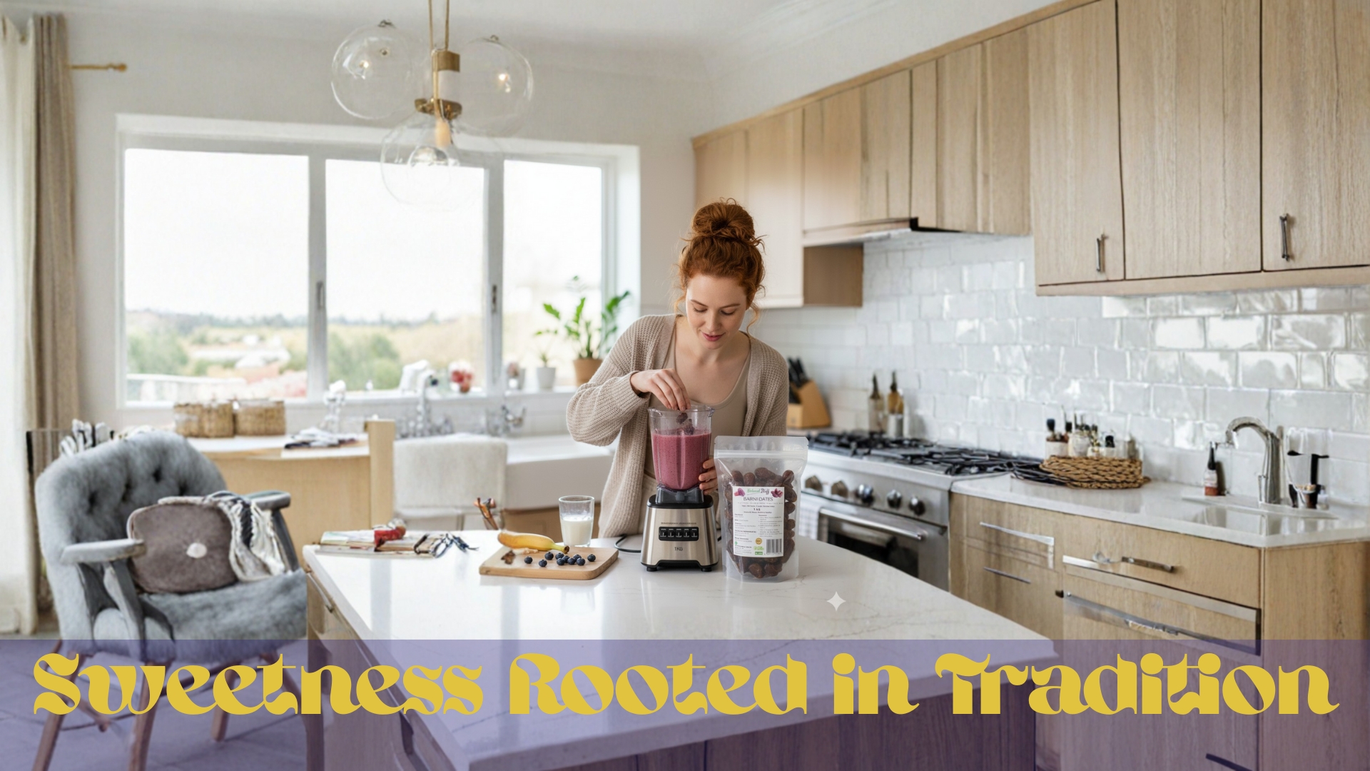 Woman using a blender in a modern kitchen with text 'Sweetness Rooted in Tradition'.