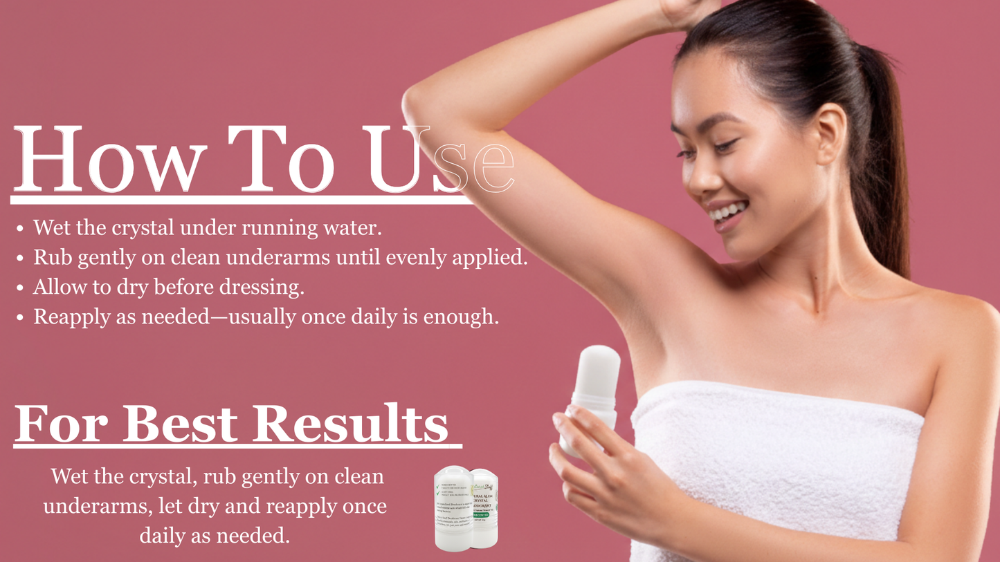 Woman applying a crystal to her armpit with text on how to use it.
