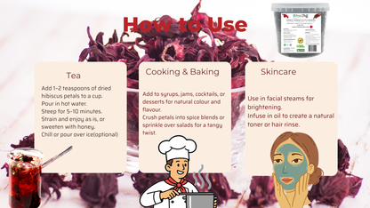 Instructions on how to use hibiscus petals for tea, cooking, baking, and skincare.