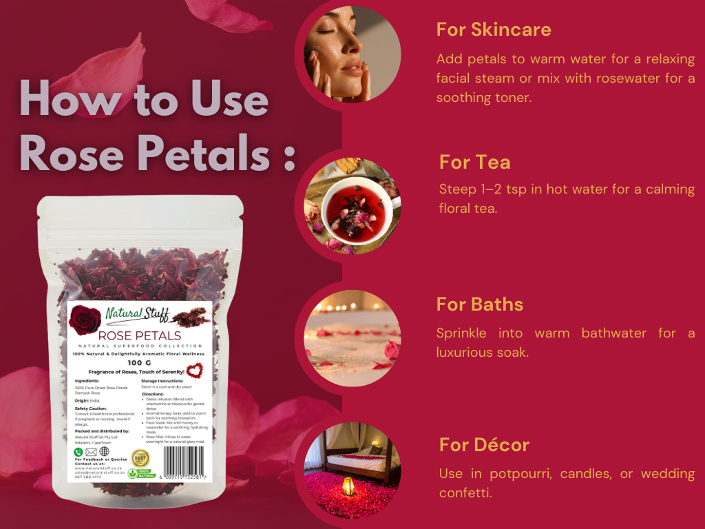 Instructions on how to use rose petals with a product packaging on a red background