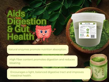 Health supplement product with text on digestion and gut health, featuring a cartoon intestine.