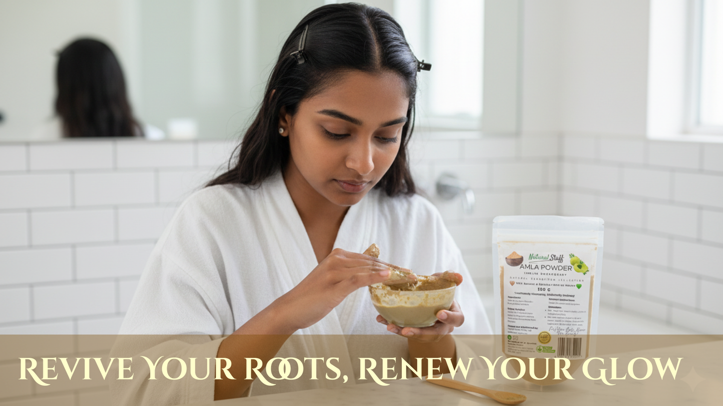 Woman in a white robe eating from a bowl with a container of powder on a counter, text 'Revive Your Roots, Renew Your Glow' at the bottom.