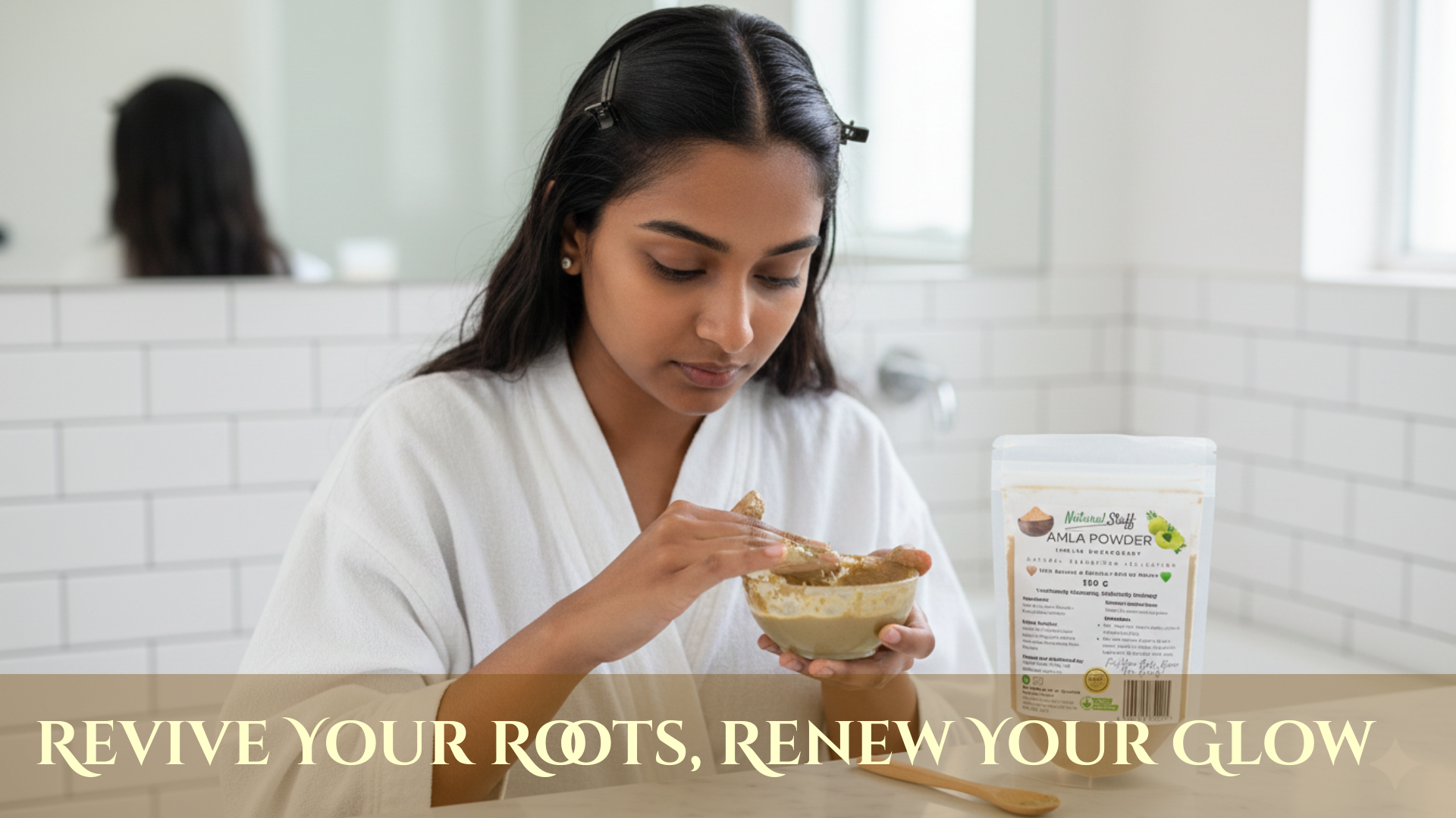 Woman in a white robe eating from a bowl with a container of powder on a counter, text 'Revive Your Roots, Renew Your Glow' at the bottom.
