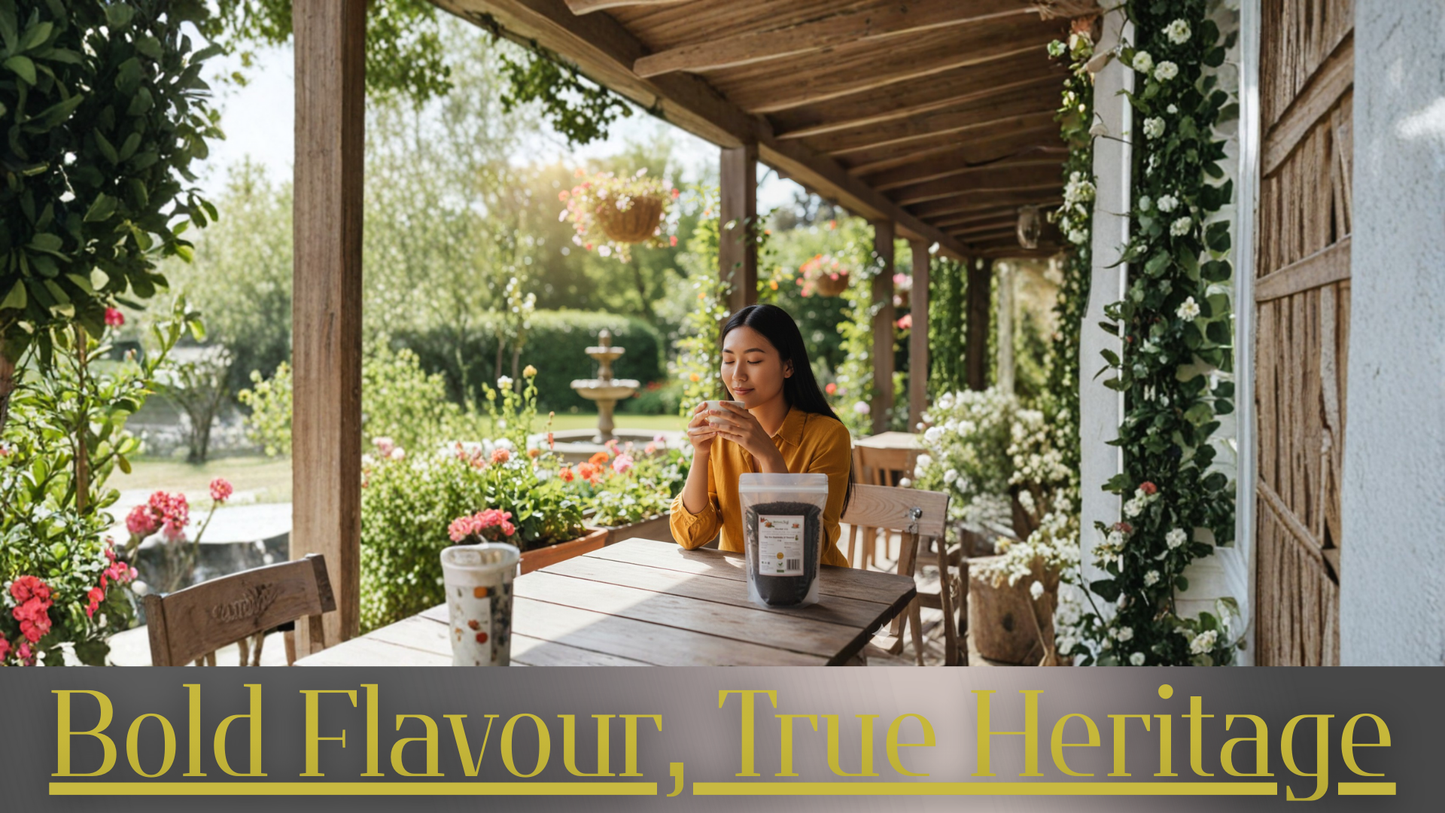 Woman sitting at a table outdoors with flowers and a text overlay about bold flavor and true heritage.