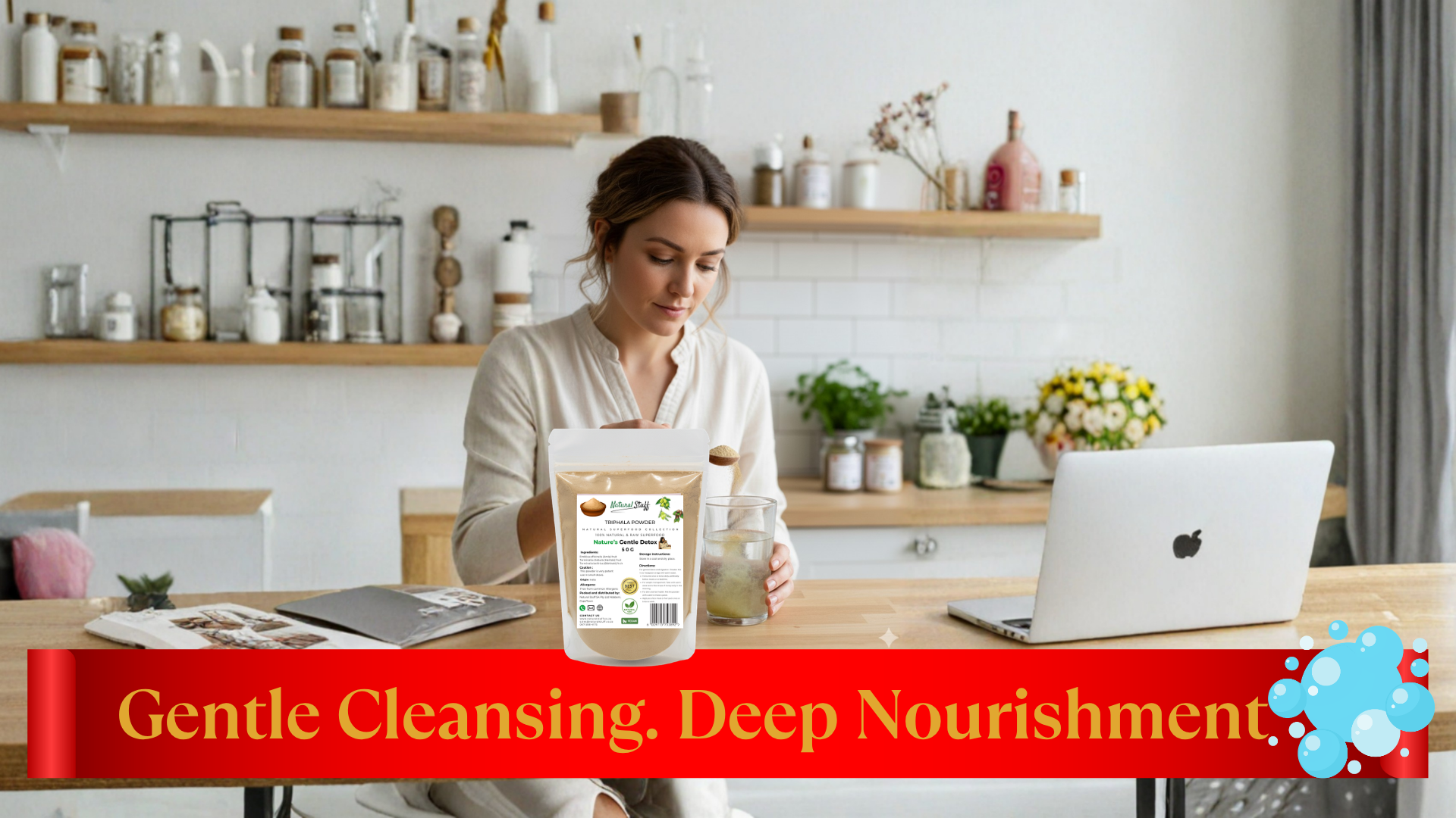 Woman in a kitchen setting with a laptop and jar, with text about gentle cleansing and deep nourishment.