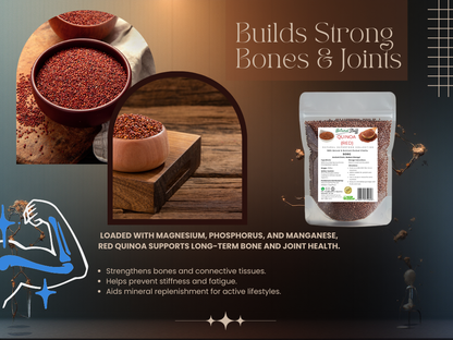 Red quinoa packaging with health benefits text on a brown background