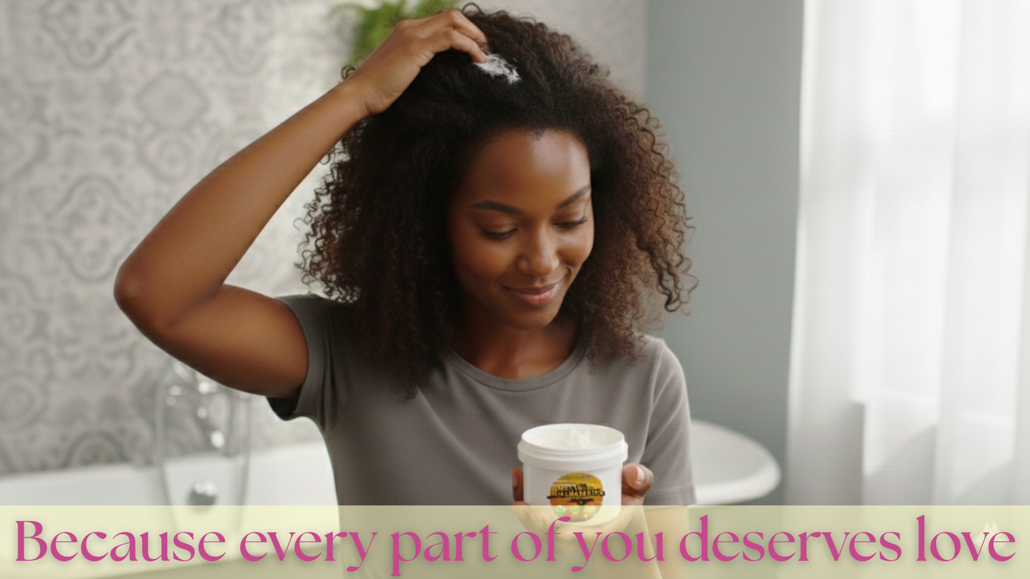 Woman applying hair product with a jar labeled 'Love' in a bathroom setting