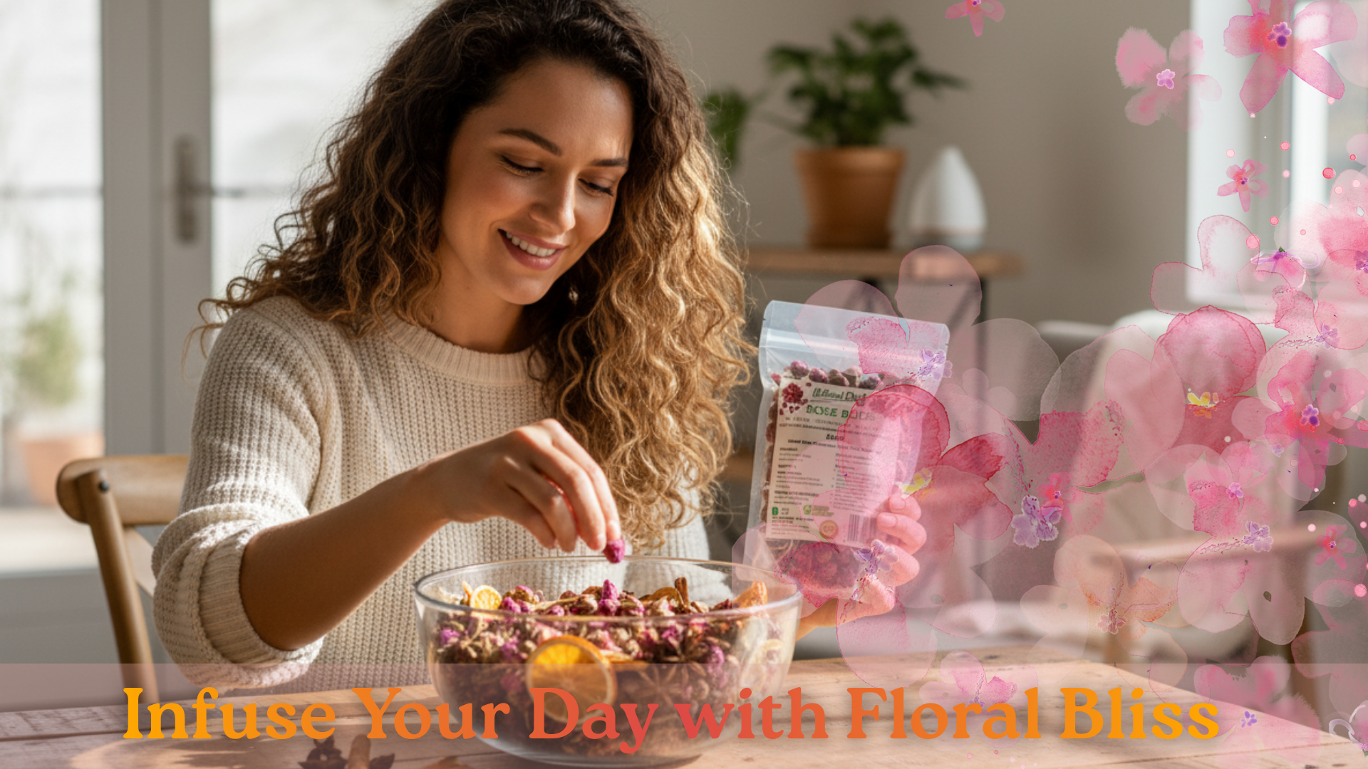 Woman preparing a bowl of dried flowers with text 'Infuse Your Day with Floral Bliss' in a bright room.