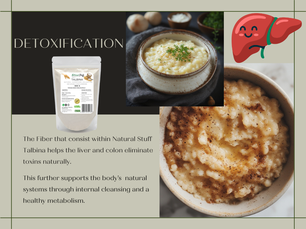 Product packaging with text about detoxification and a bowl of food on a gray background