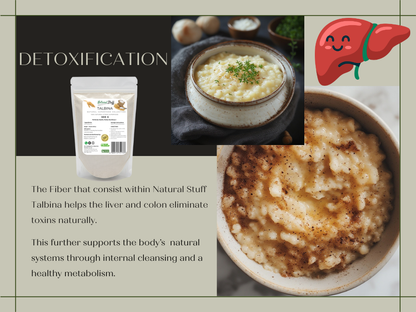 Product packaging with text about detoxification and a bowl of food on a gray background