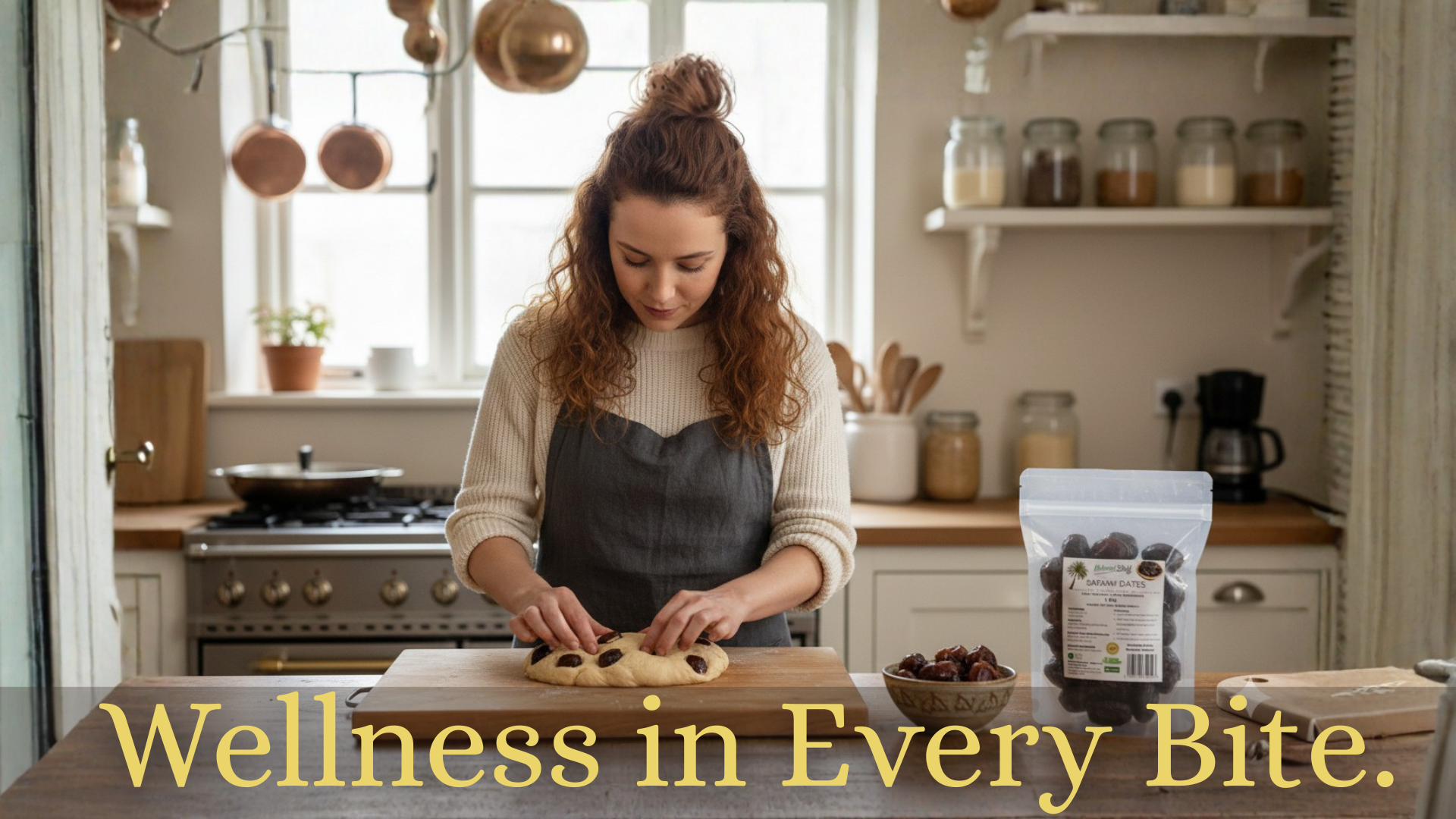 Woman preparing food in a kitchen with 'Wellness in Every Bite' text.
