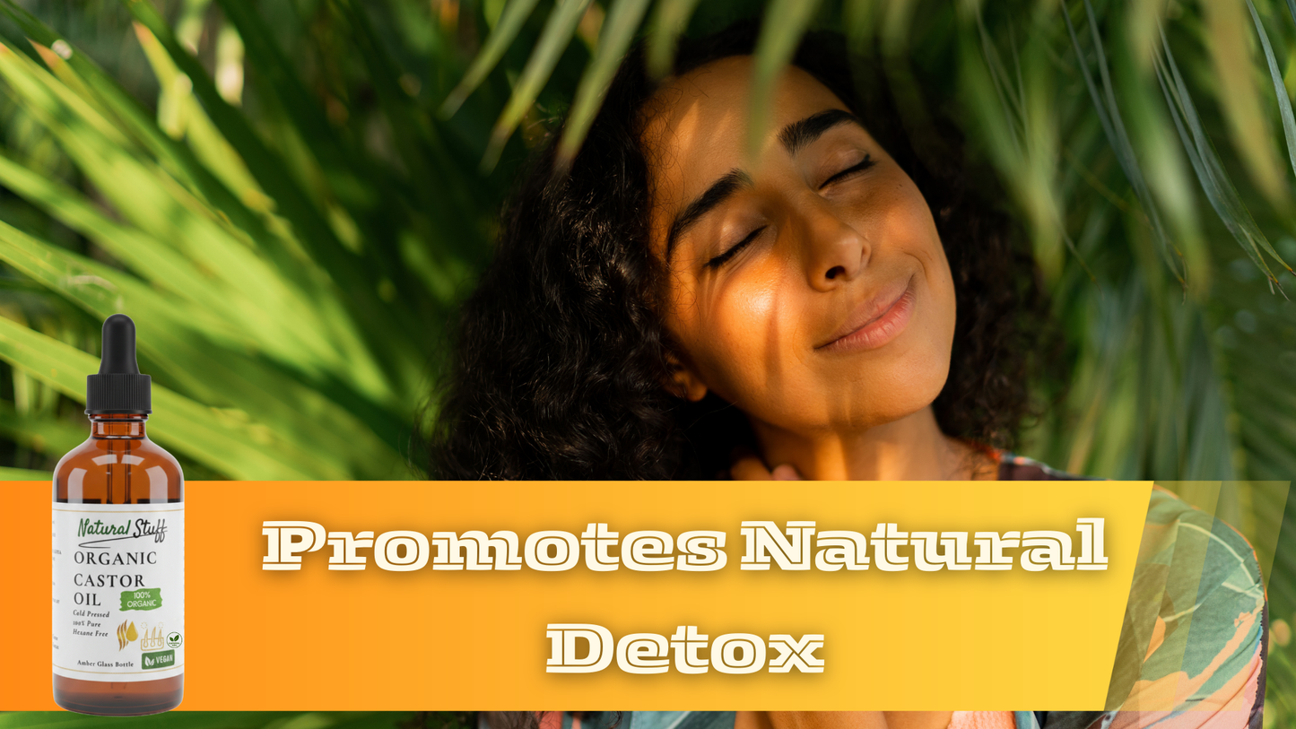 Woman lying under a palm tree with a bottle of Natural Shift Organic Extract Gel and text promoting natural detox.
