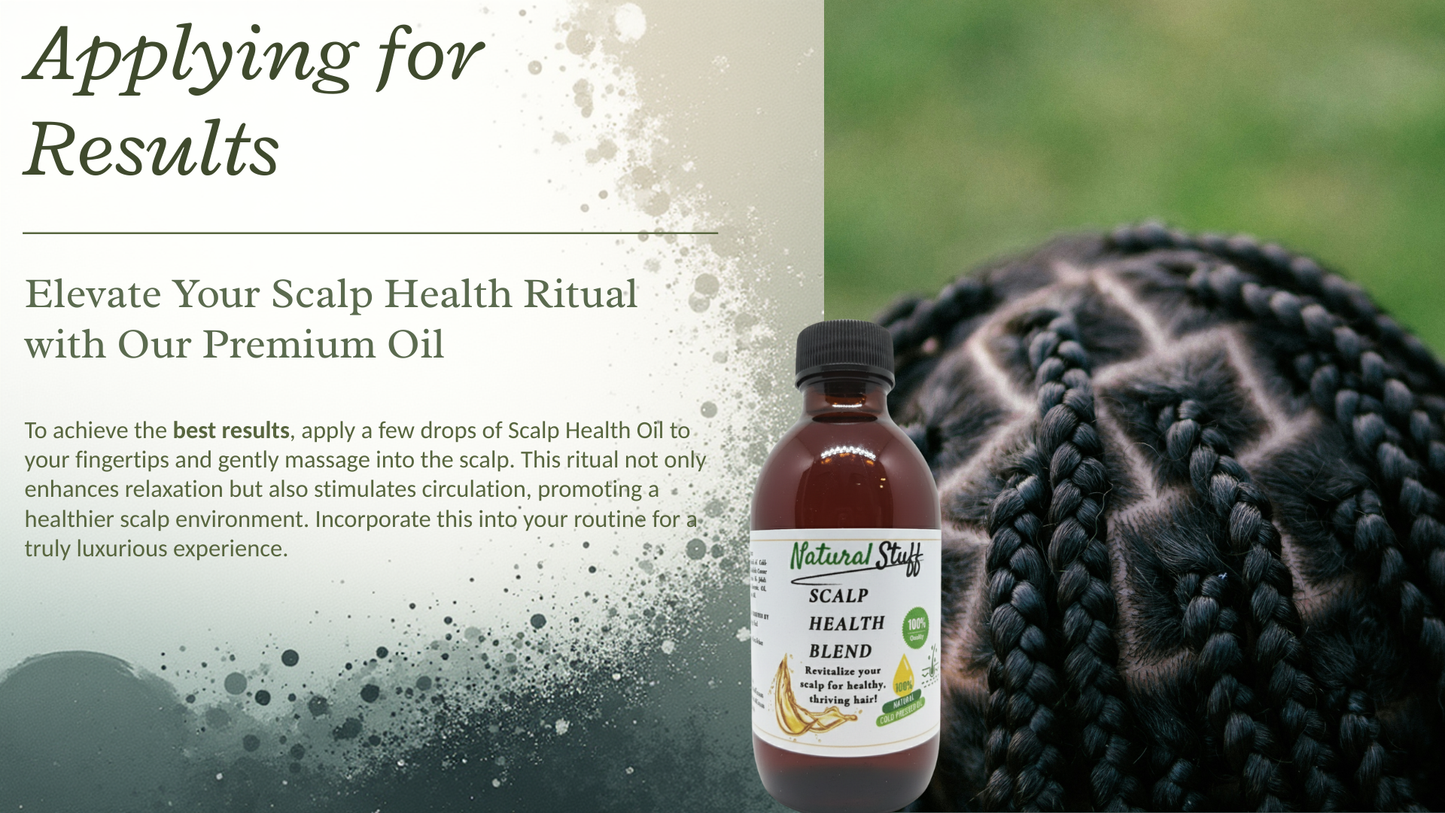 Bottle of scalp health oil with text on a blurred background