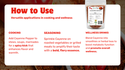 Instructions on how to use Cayenne Pepper for cooking, seasoning, and wellness drinks with a product image on a white background.